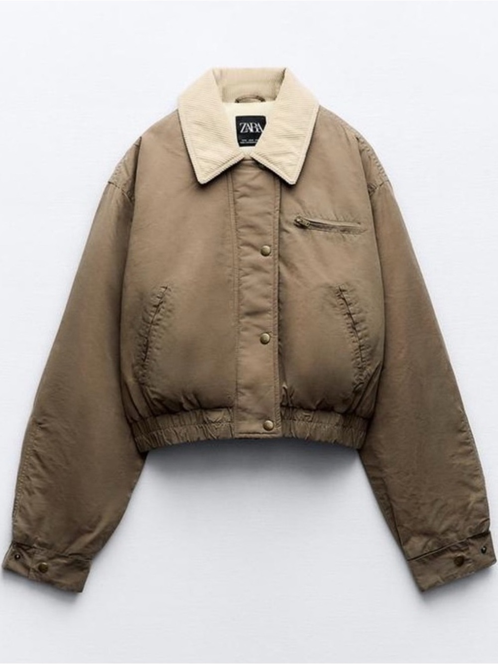 Zara Tan Cropped Bomber Jacket with Contrast Cream Collar